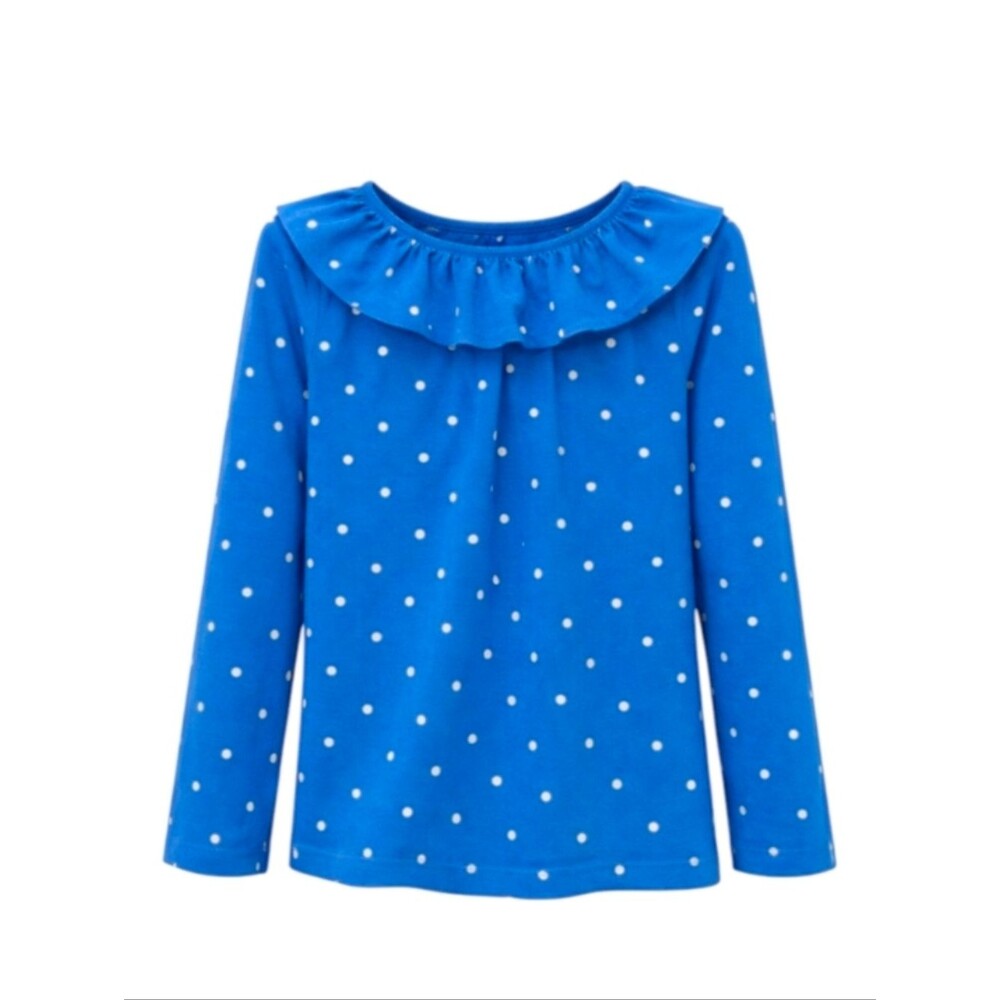 Mini Boden Blue polka Dot Ruffle Collar Long Sleeve Shirt Top Girls Size 9 10